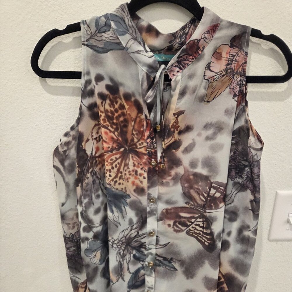 Women’s Butterfly Print Blouse Top Colorful Sheer Button Down Size M